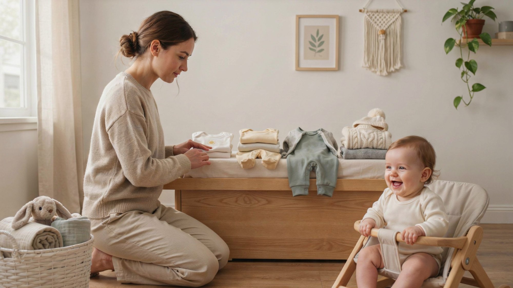 Parent selecting baby clothes based on daytime weather conditions in a cozy nursery.