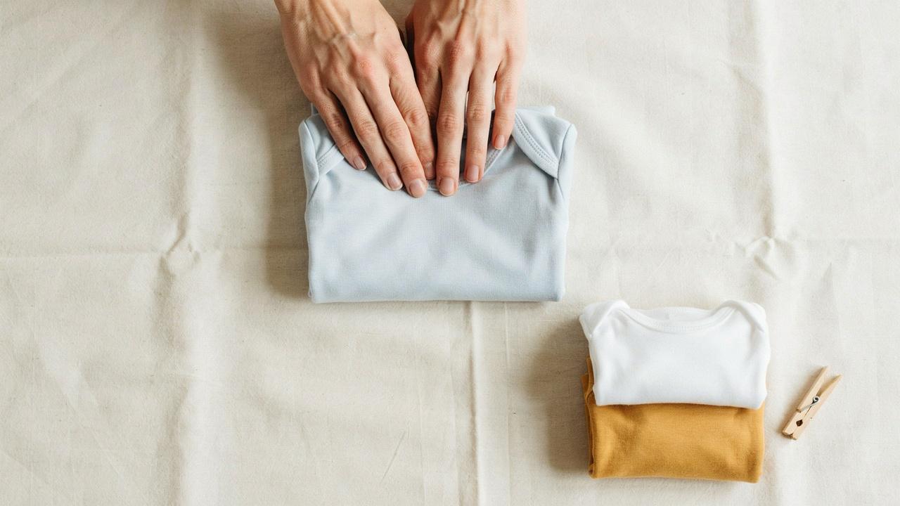 Folding a baby shirt neatly.