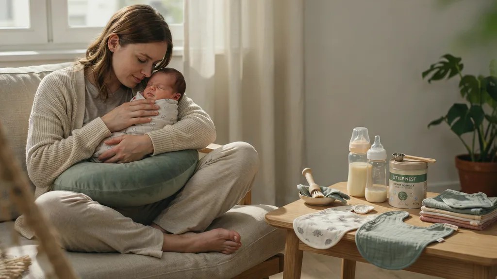 Baby feeding essentials including bottles, bibs, burp cloths, and breastfeeding supplies.