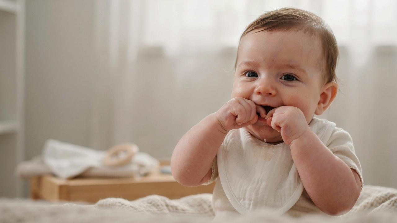 Three-month-old baby naturally drooling while exploring with their hands.