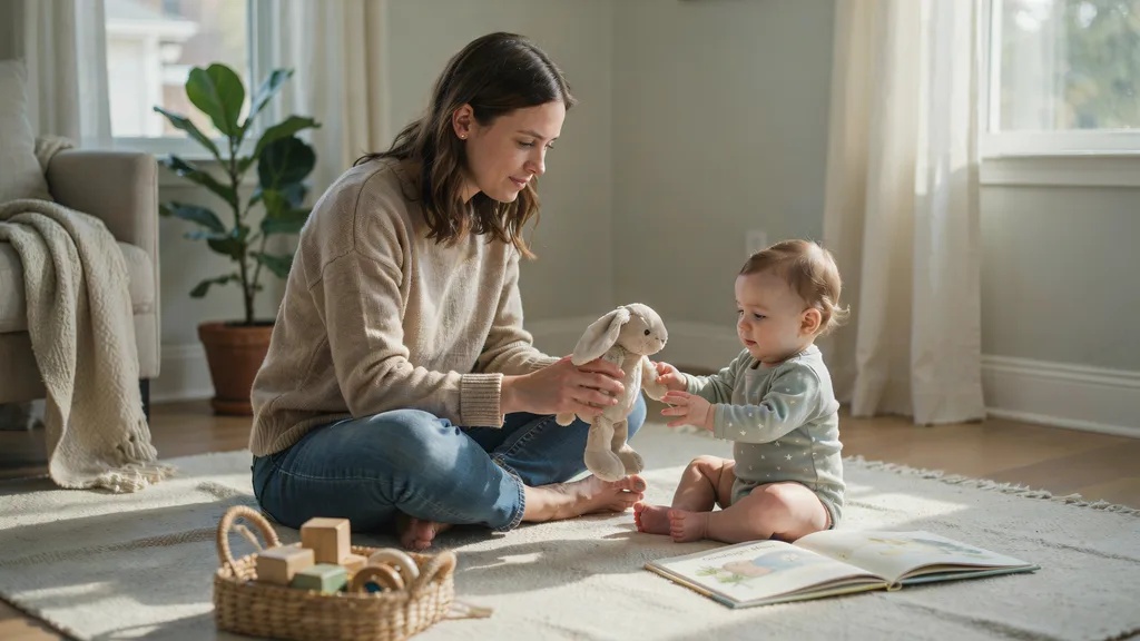 Parent introducing a lovey to a baby during supervised daytime bonding.