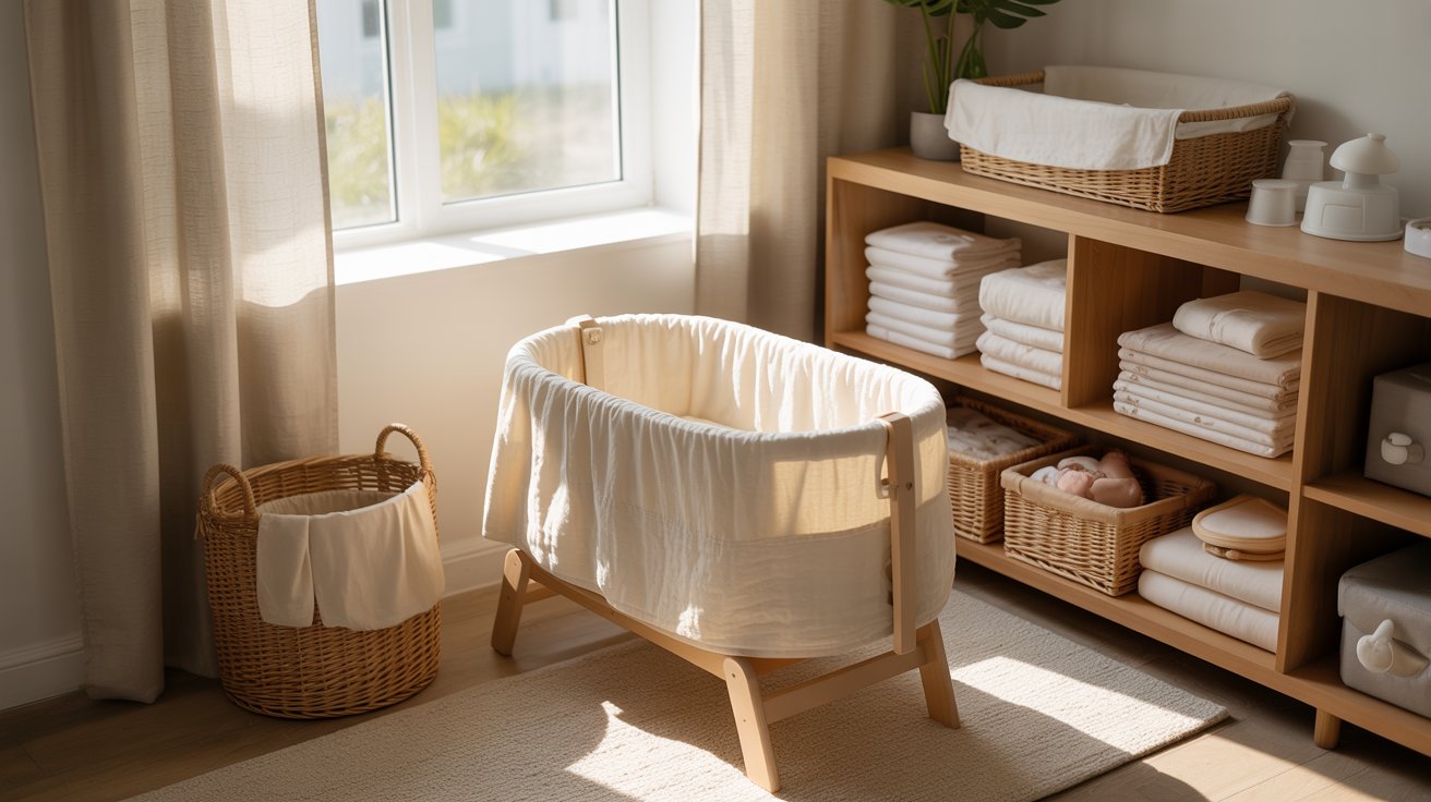 Organized nursery with bassinet, extra sheets, travel bassinet, laundry basket, bright practical cozy baby room setup.