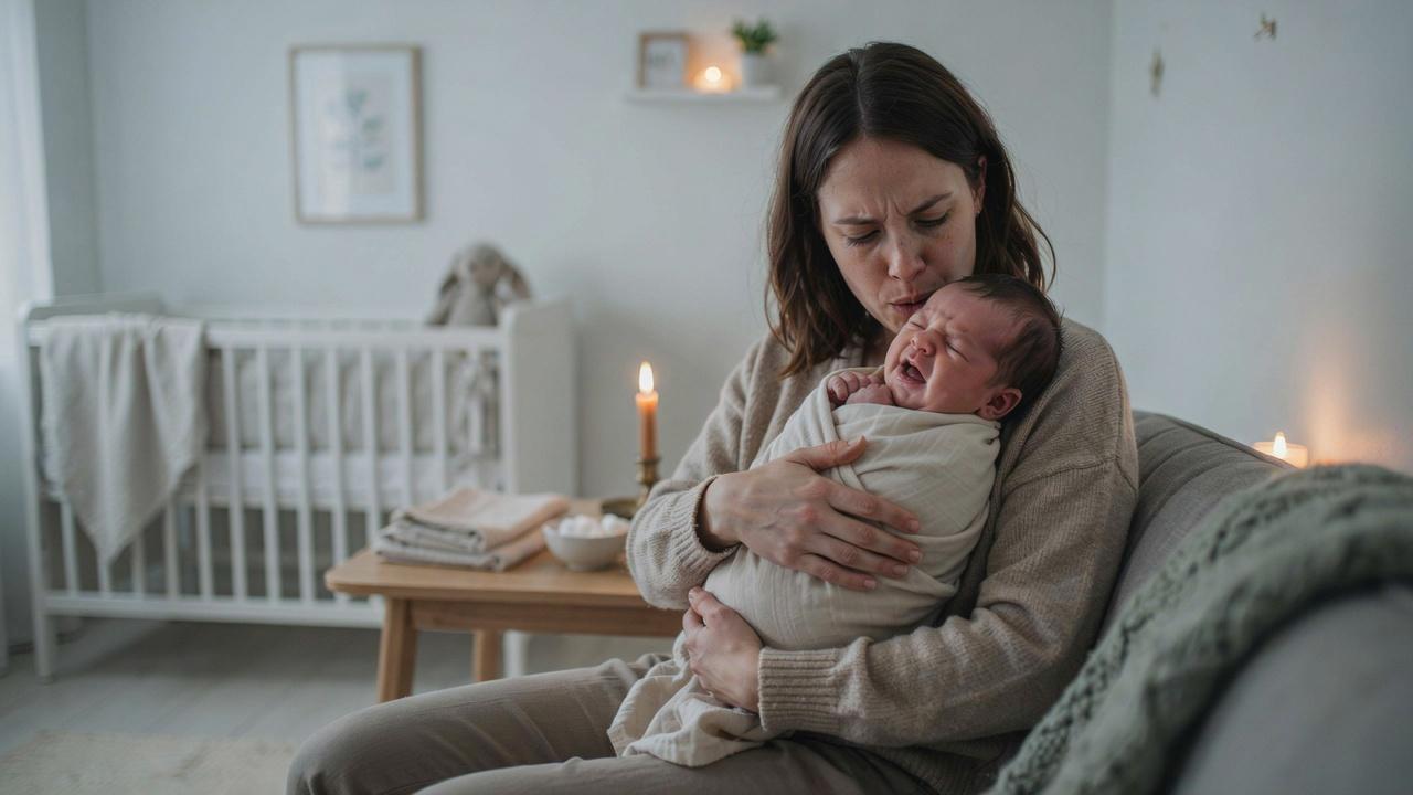 Parent comforting a baby showing signs of colic in a calm nursery.