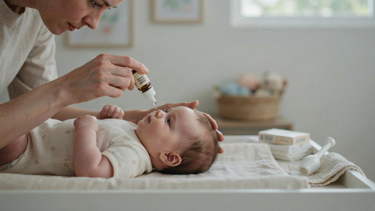 Parent using saline drops and nasal aspirator to relieve a baby's stuffy nose