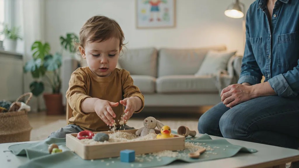 Toddler learning textures inside a sensory bin.