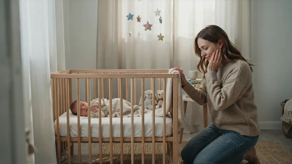 Baby laughing softly during sleep while resting comfortably in a crib.