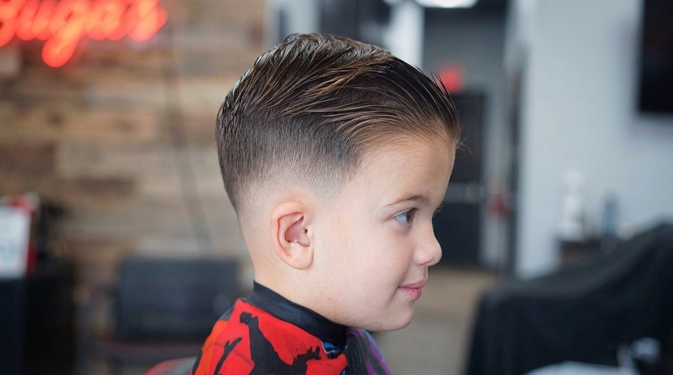 Toddler boy with a low fade haircut.