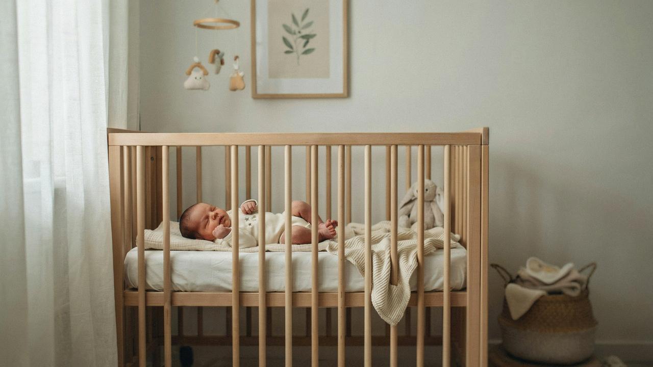 Newborn baby sleeping with mouth slightly open in a crib