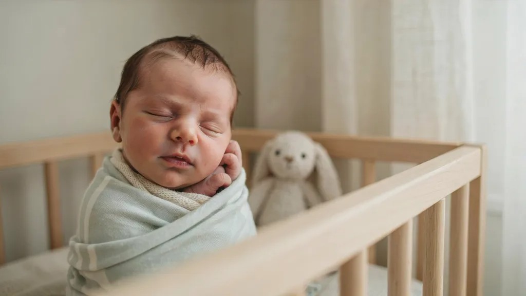 Baby softly laughing in sleep during REM stage, showing normal sleep-related brain activity.