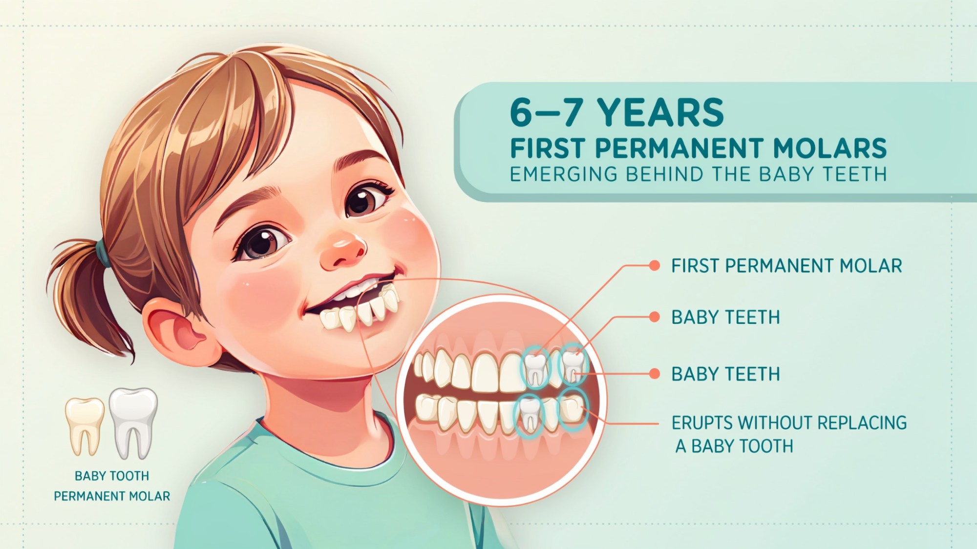 >First permanent molars appearing behind baby teeth around age six in children.”></p>
<p>First permanent molars appear around 6 to 7 years of age, which is why they are called “6-year molars.”</p>
<p>They do not replace baby teeth but grow behind them. These teeth play a key role in shaping bite alignment and overall jaw structure.</p>
<h3>Second Permanent Molars (12-year molars)</h3>
<p><img decoding=