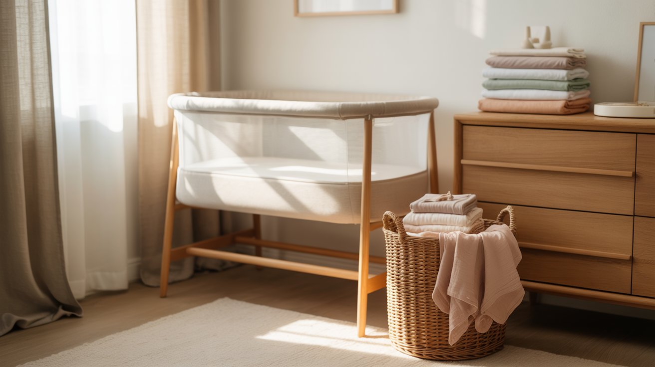 Organized nursery with bassinet, folded sheets, laundry basket, practical baby essentials, clean cozy minimalist storage setup.