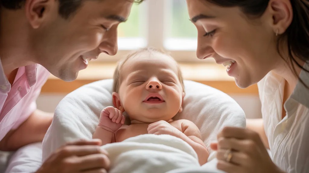 Newborn baby with a tiny natal tooth visible while sleeping peacefully.
