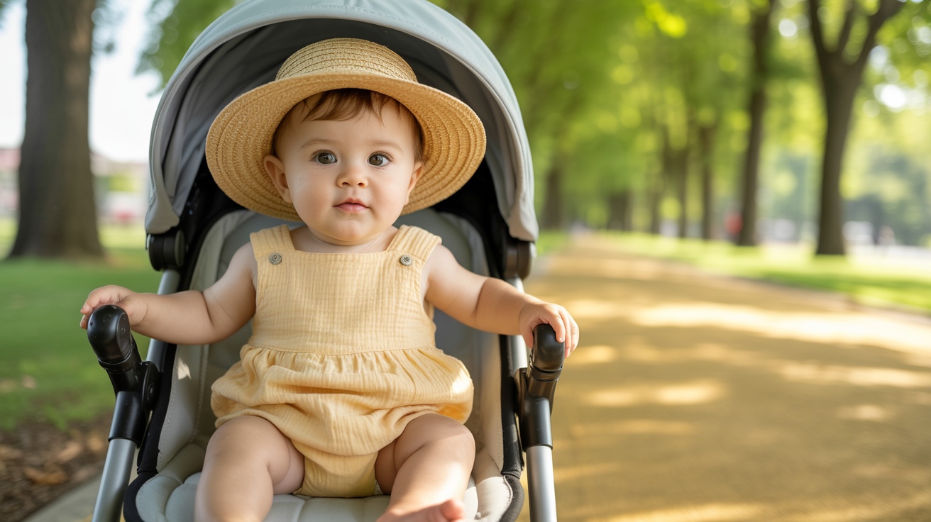 Baby dressed in light cotton clothes and sun hat for hot weather comfort.