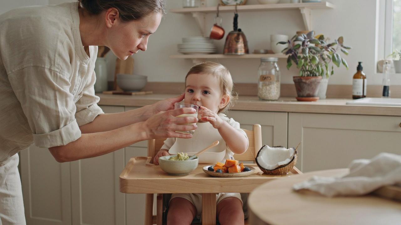 Parent offers a small sip of coconut water to an older baby during mealtime in a safe setting.