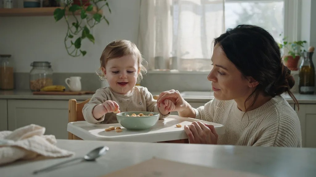 Toddler over 12 months safely eating Honey Nut Cheerios as an occasional snack with parental supervision.
