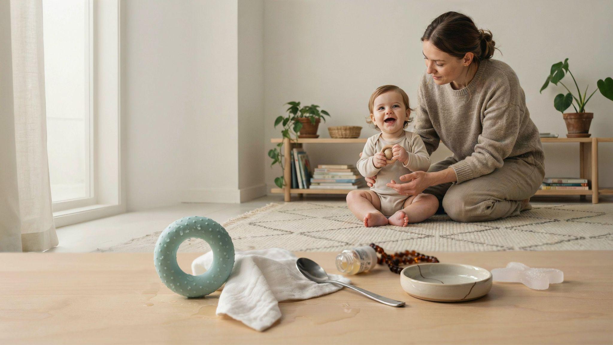 Safe teething items beside avoided remedies in bright nursery with happy baby and attentive parent.