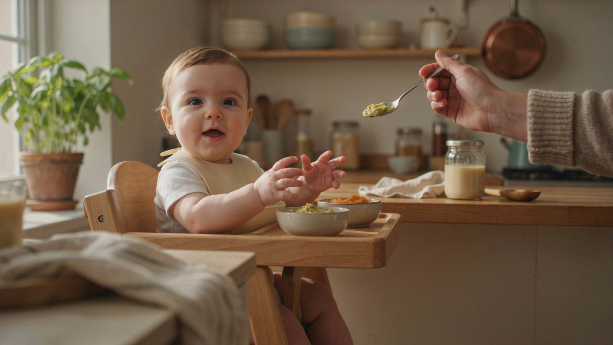 Baby exploring rice cereal and other healthy first food options.