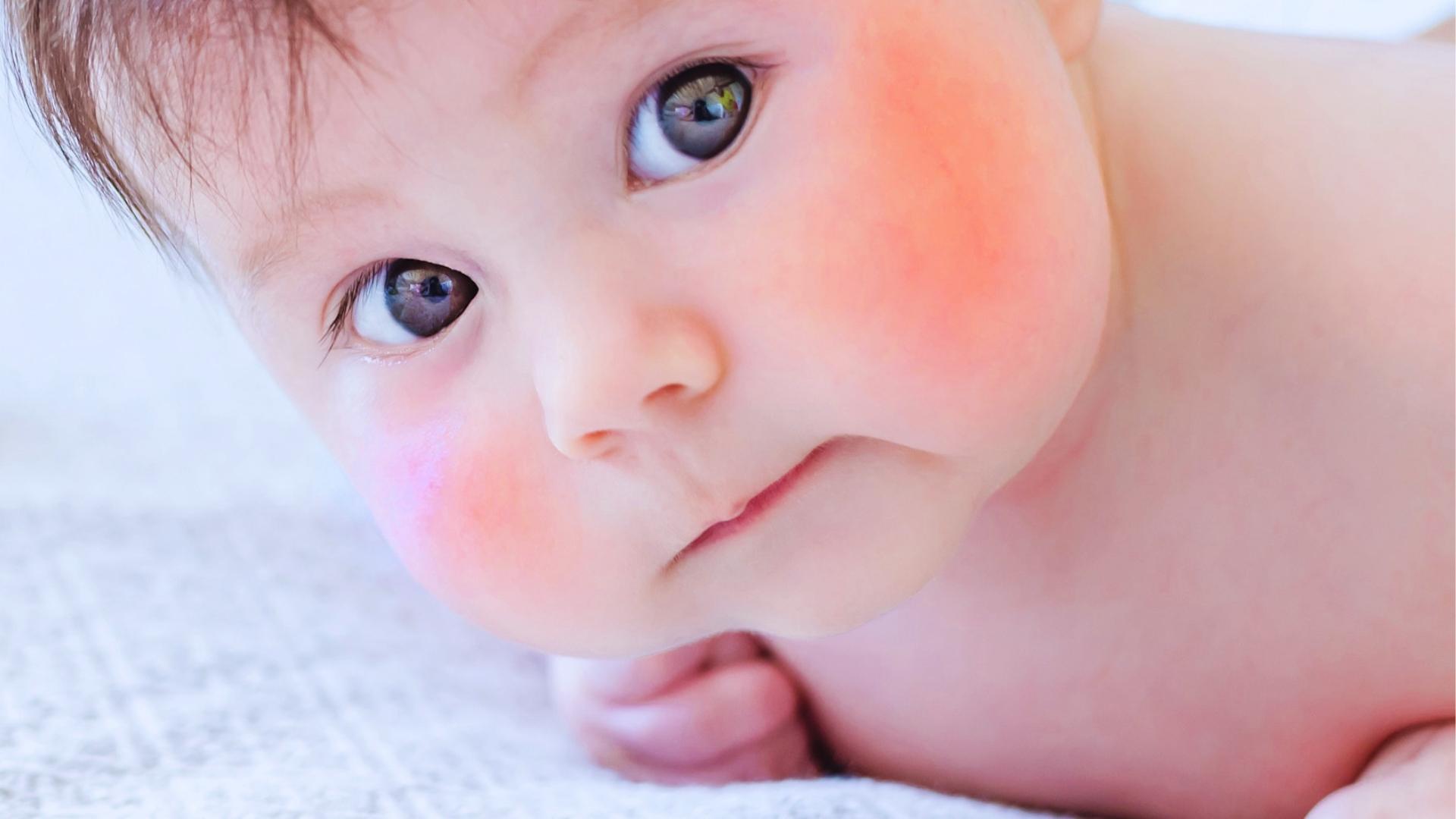 Baby with brown eyes and flushed pink cheeks lies on stomach looking at camera.