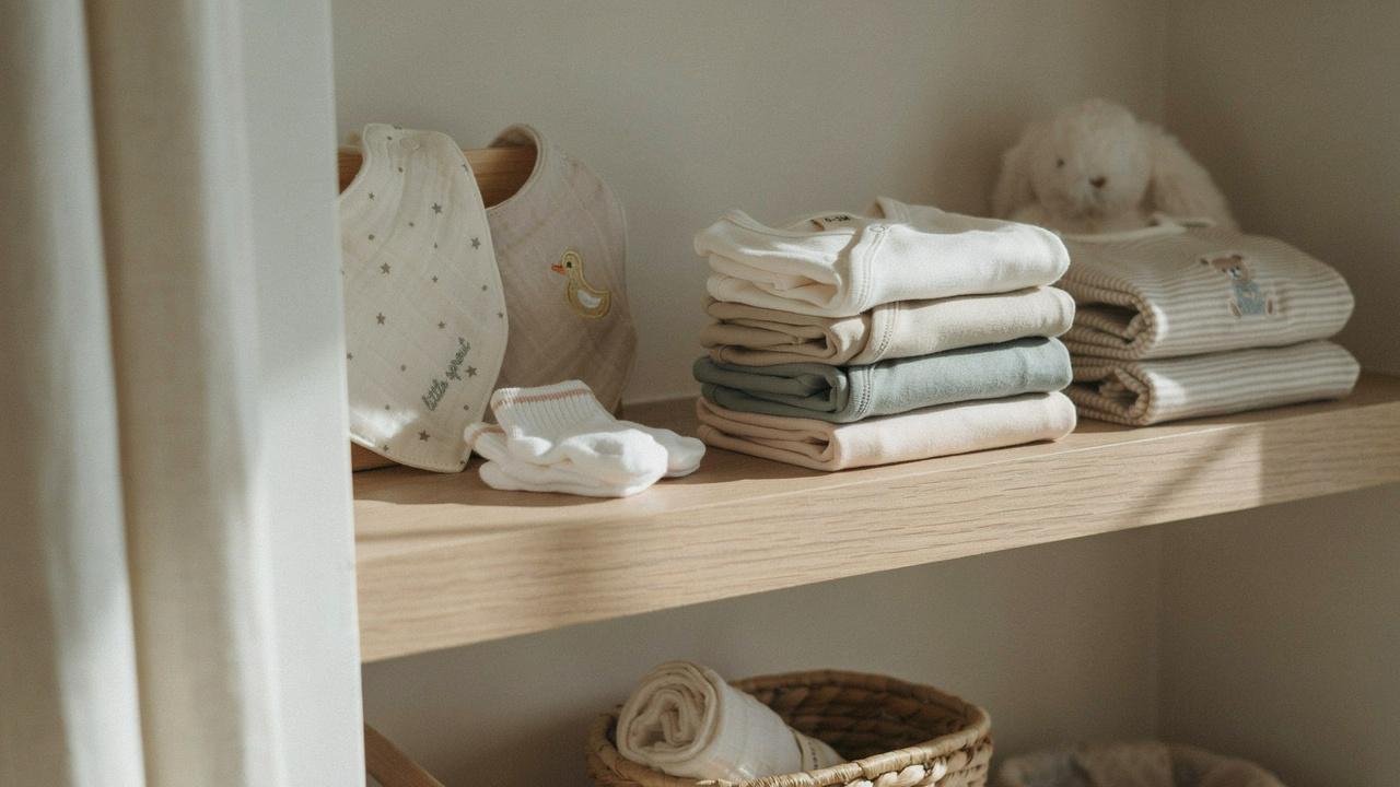 Baby clothes for the 0-3 month stage arranged on a shelf.