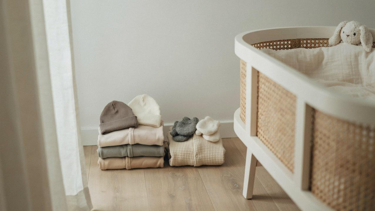 Newborn baby clothing essentials neatly folded beside a bassinet.
