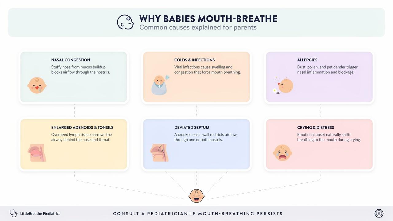 Infographic showing common causes of mouth breathing in babies such as congestion, colds, allergies, and enlarged adenoids.