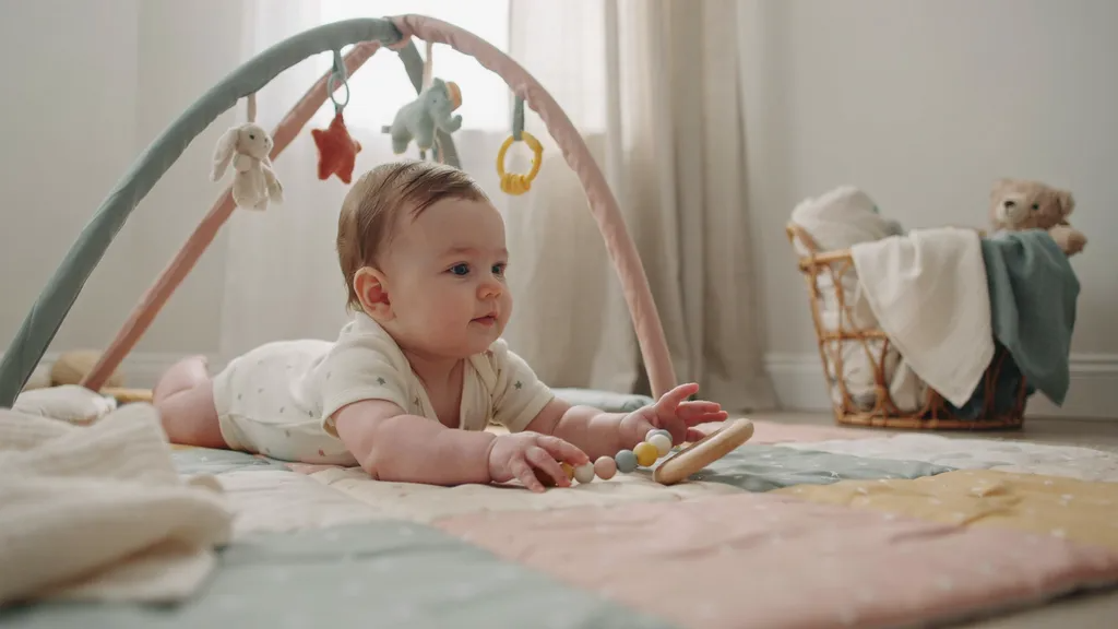 Baby practicing reaching and grabbing toys during tummy time to encourage early motor development.