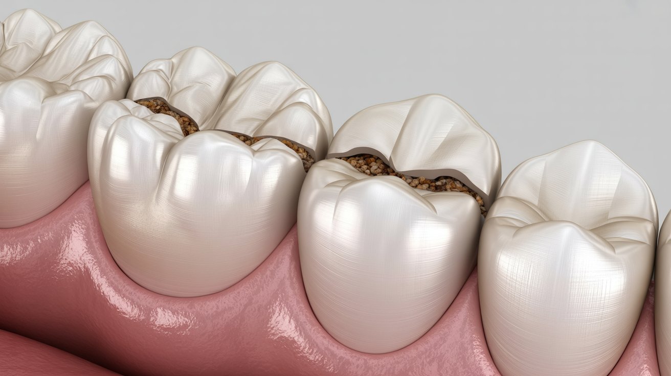 Close-up of molars with deep grooves that can trap food and plaque.