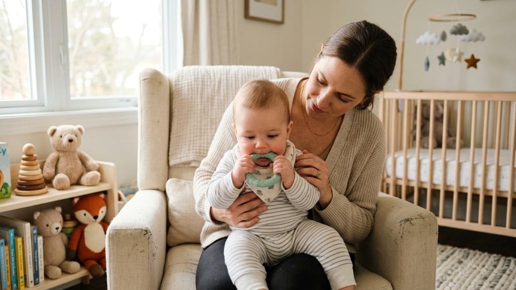 Parent comforting a teething baby holding a teething ring at home.