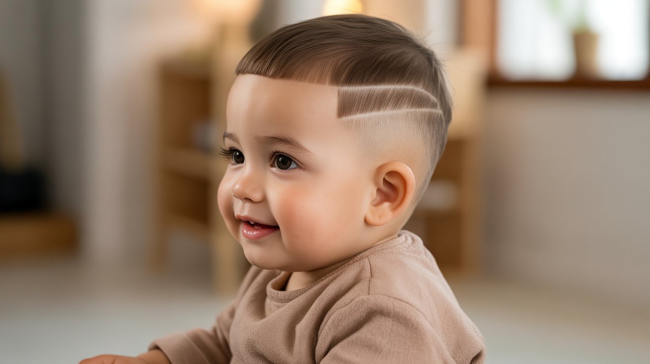 Toddler boy with a taper fade haircut.