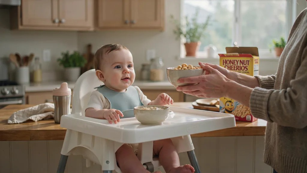 Parent keeping Honey Nut Cheerios away from a baby under 12 months due to honey and added sugar.