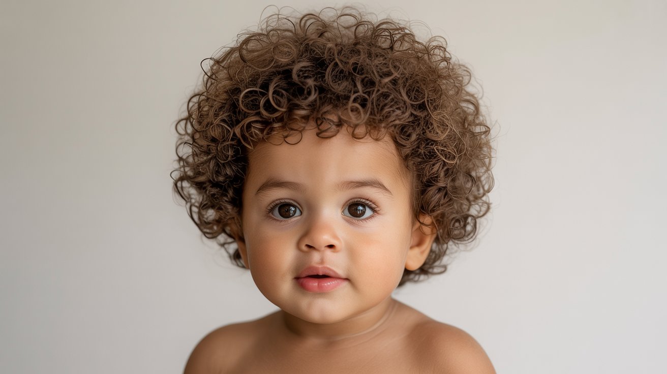 Toddler boy with a baby hairstyle.