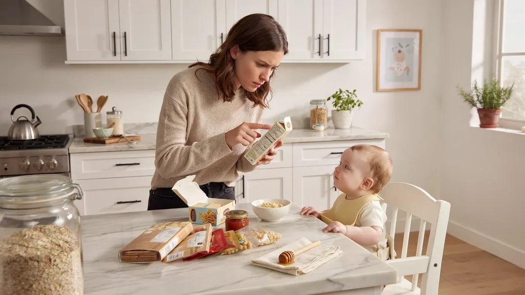 Parent checking food labels to avoid honey in packaged foods for a baby under 12 months.