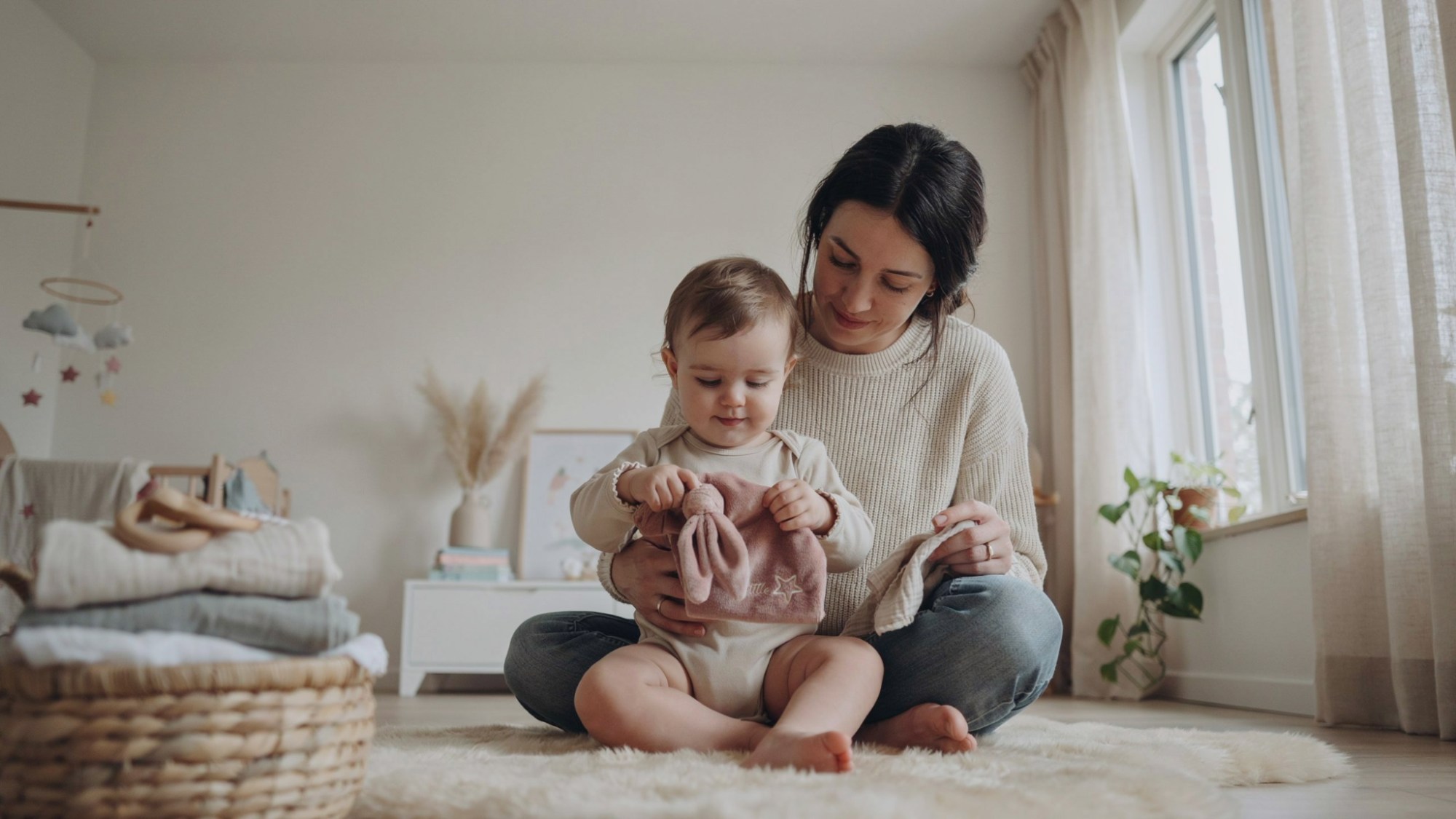 Baby playing with a soft lovey blanket with a parent nearby during cuddle time.