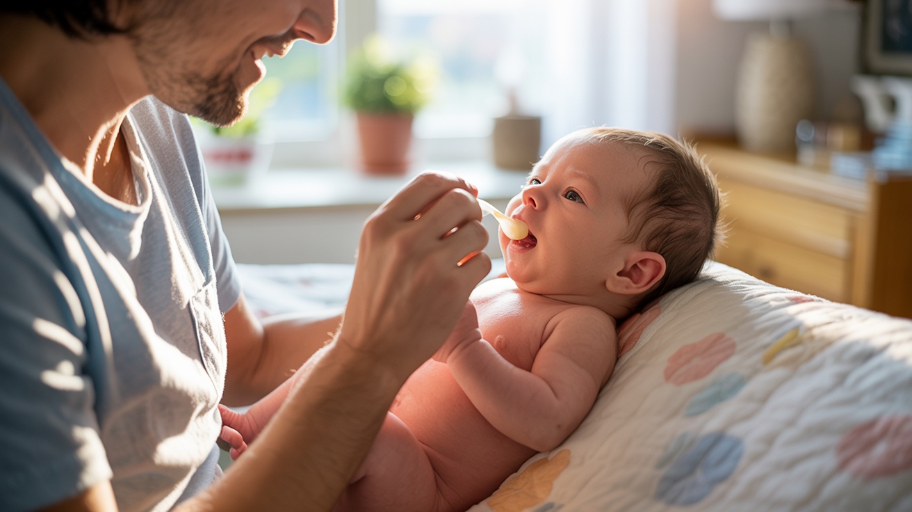 Parent feeding a newborn baby frequently in a warm and nurturing home environment.
