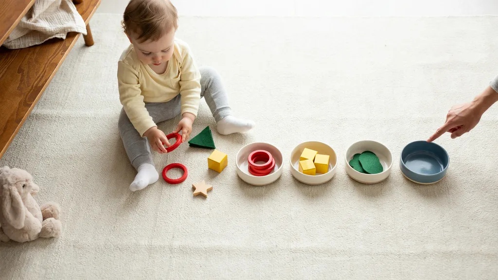 Toddler sorting objects into groups during a learning activity.