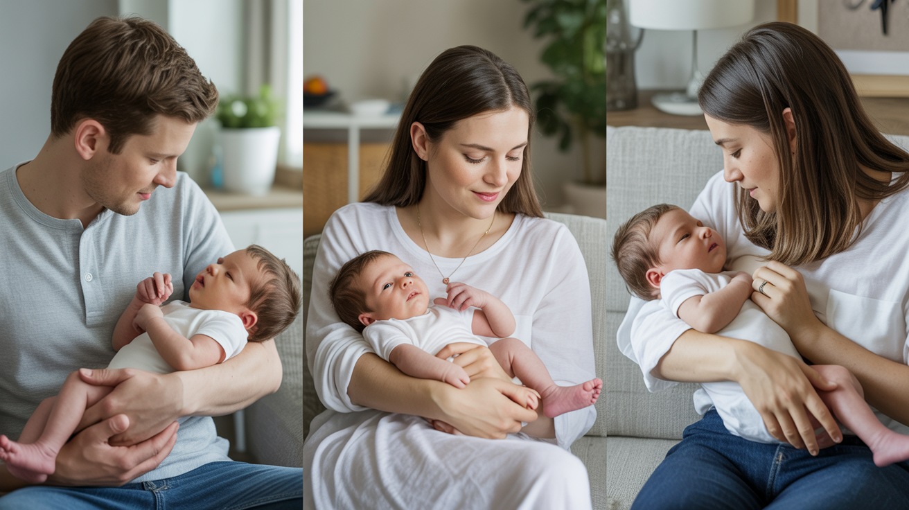 Newborn baby feeding, sleeping, and cuddling to show normal changing feeding patterns.
