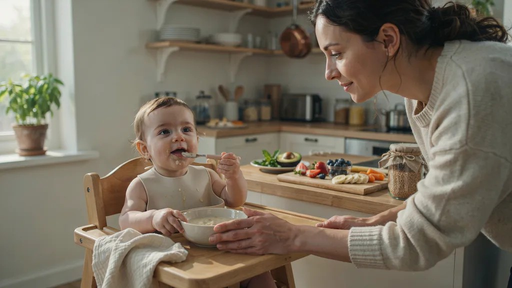 Baby showing readiness signs for rice cereal and first solid foods.