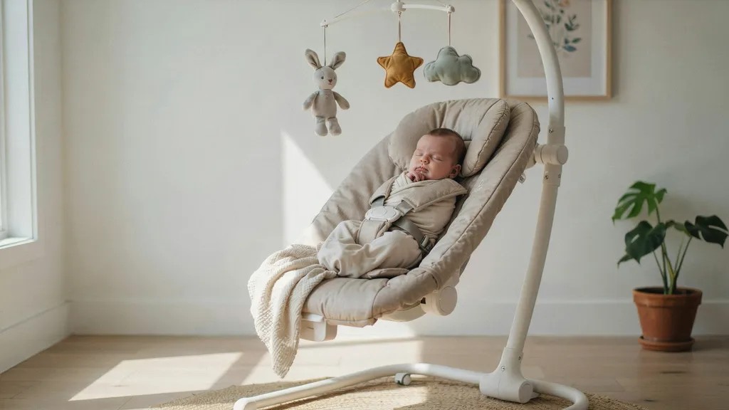 Baby resting comfortably in a padded automatic baby swing with toys in a nursery.