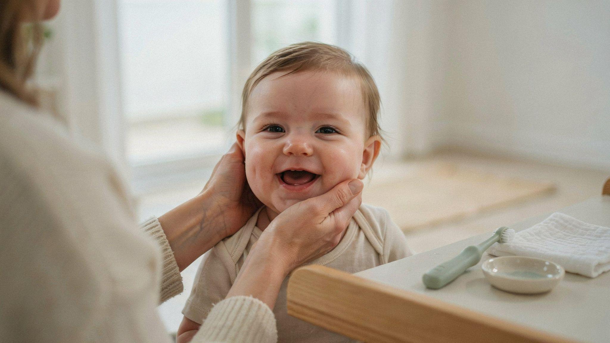 Happy baby with healthy pink gums in a bright nursery, early oral care necessities nearby.