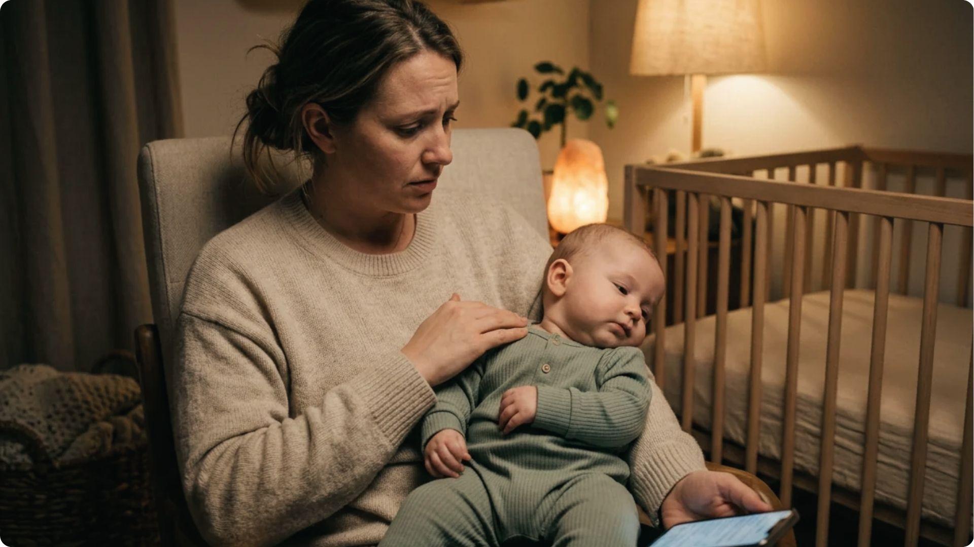 Baby with eczema rubs and shakes head on caregiver’s shoulder, seeking relief from itchy skin or teething