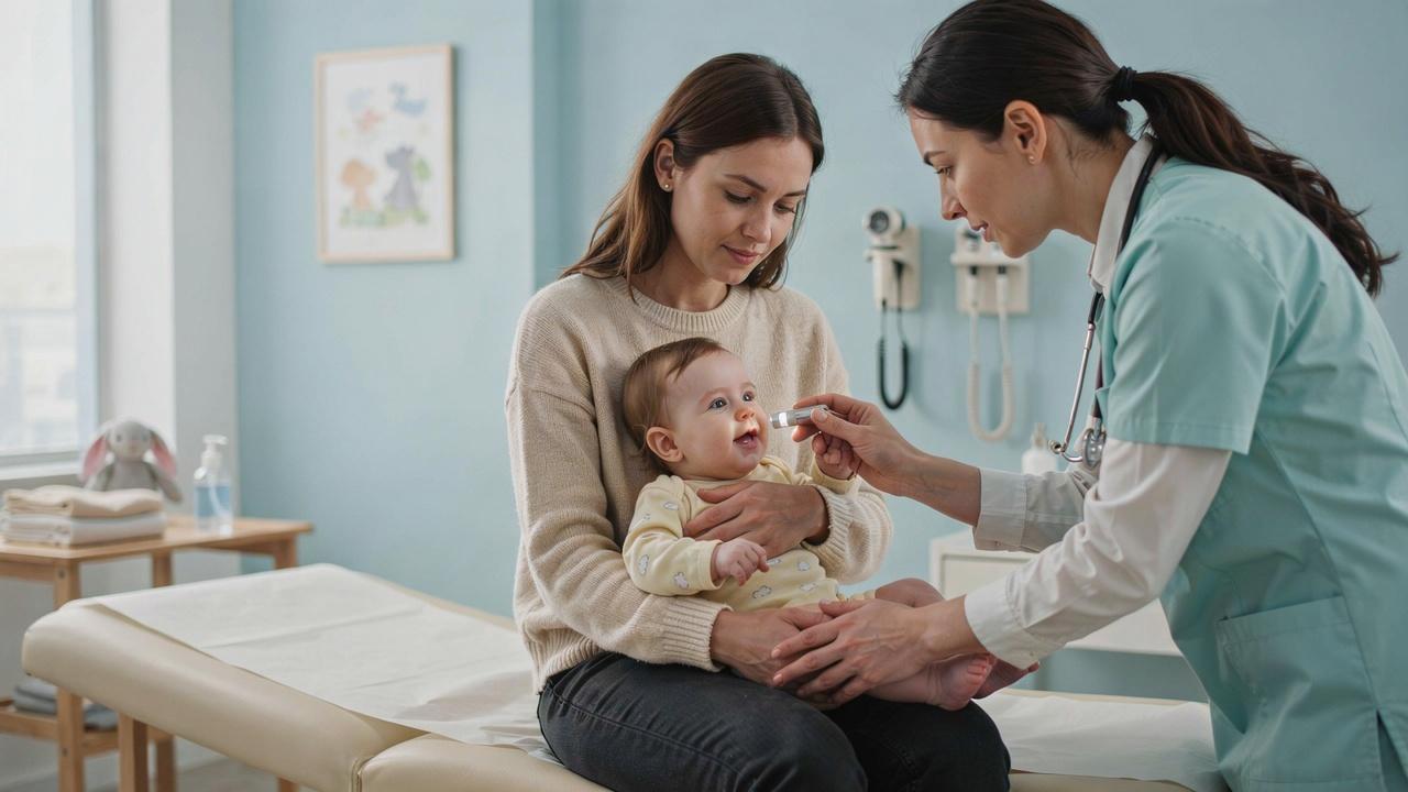 Pediatrician examining a baby's mouth during a routine checkup.
