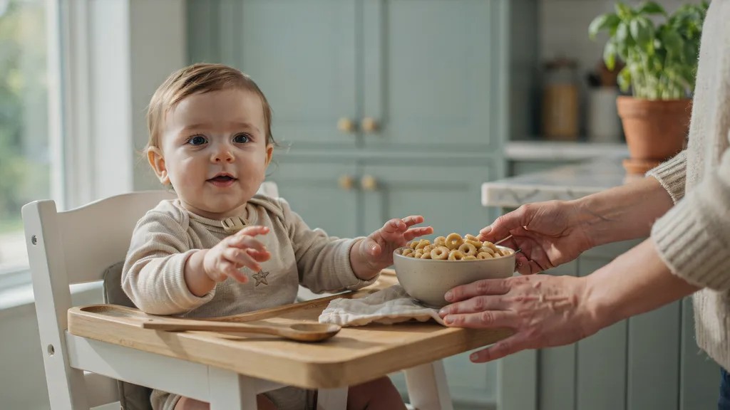 Parent holding a bowl of Honey Nut Cheerios while keeping it away from a baby under 12 months.