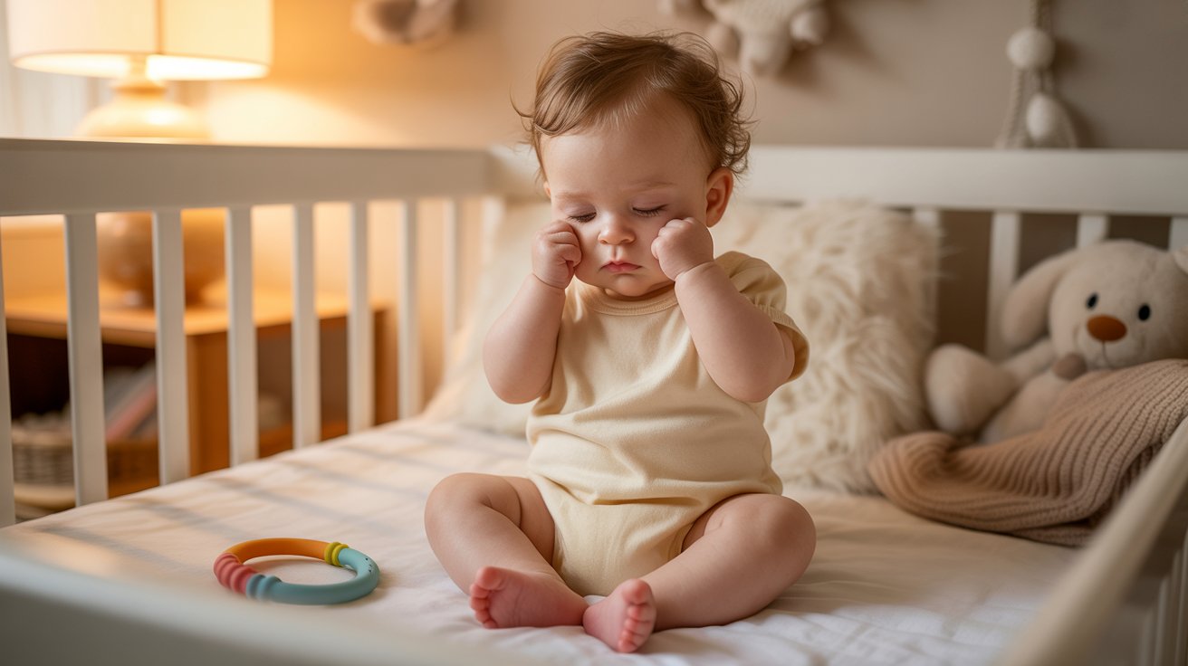 Sleepy baby in a crib with a teething ring during teething.