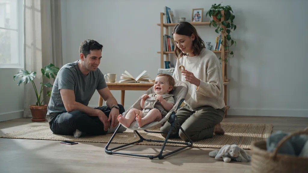 Baby enjoying supervised playtime in a lightweight and comfortable bouncer seat.