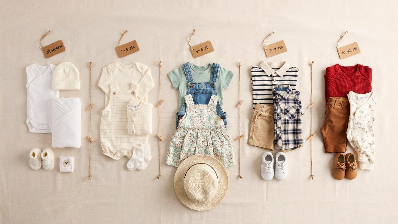 Baby clothing progression throughout the first year.