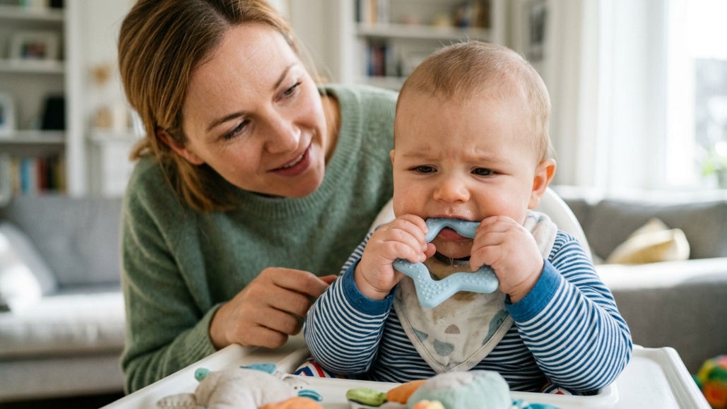 Teething baby chewing on a silicone teething toy while drooling.