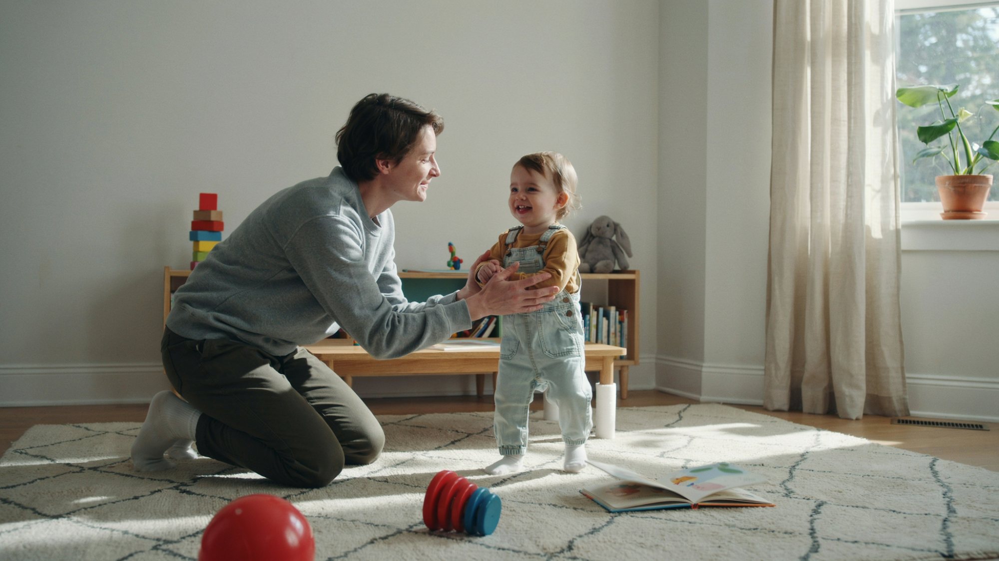 Parent helping baby practice supported walking safely indoors, encouraging movement, balance, confidence, and healthy physical development through daily activities.
