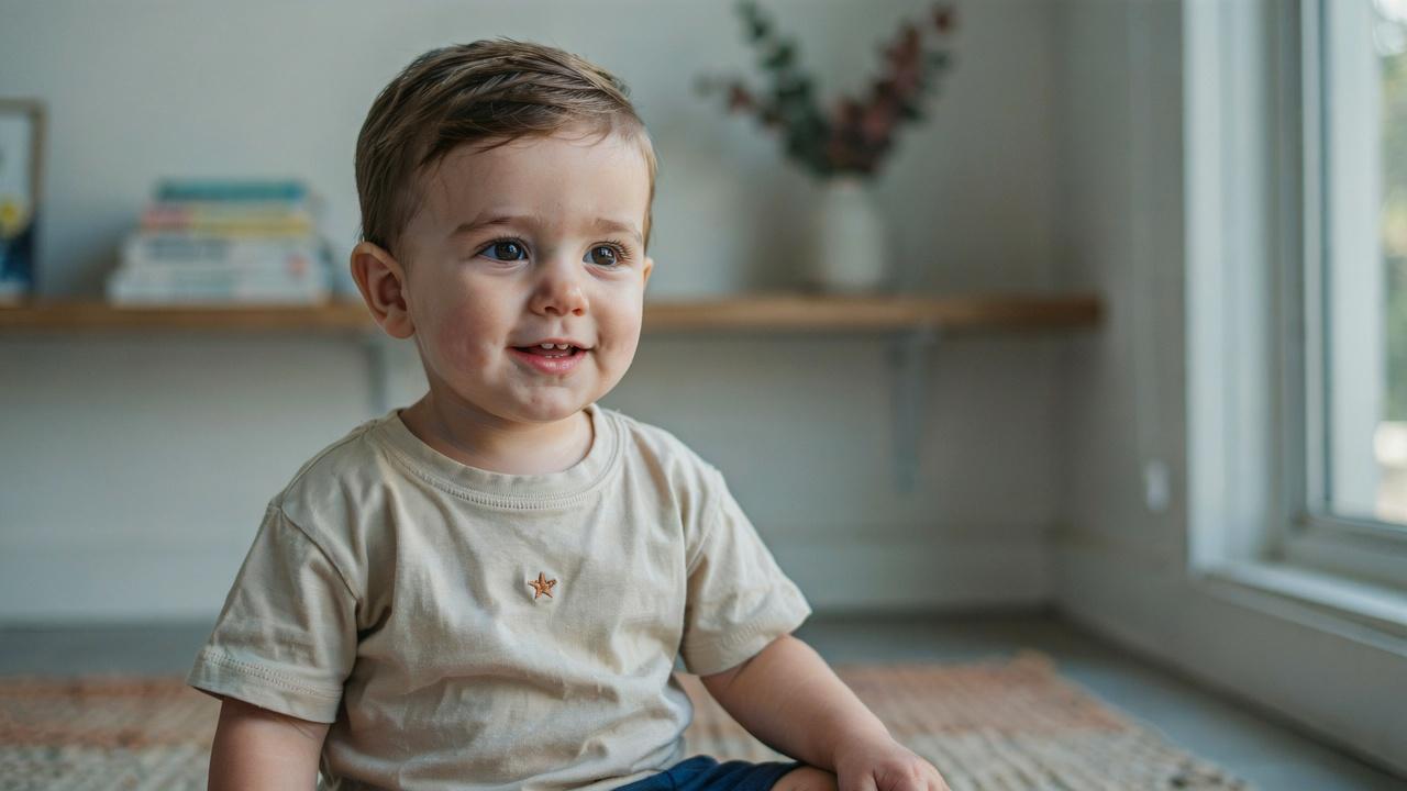 Toddler boy with short brush-up hairstyle.