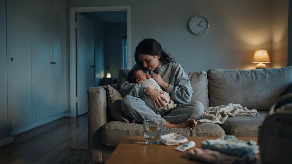 Parent feeding a newborn during evening cluster feeding with comfort items nearby.