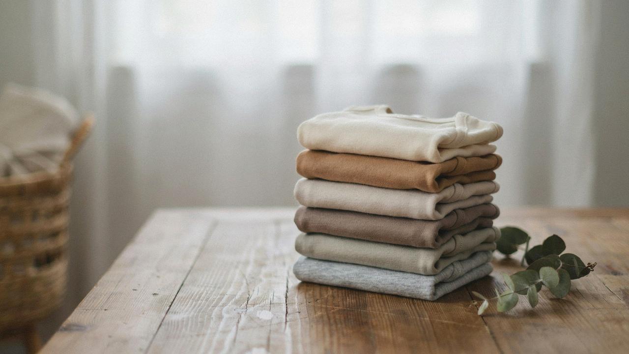Folded baby bodysuits and onesies.